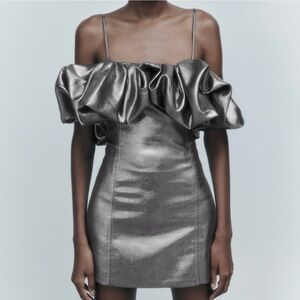 NWT ZARA Dark Silver Gray Metallic Voluminous Short Mini Dress S